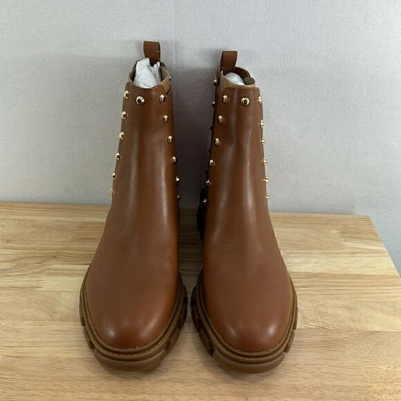 Michael Kors Ridley Studded Leather Gore Lug Sole Booties- Luggage- Size 7.5 M- - Picture 2 of 7